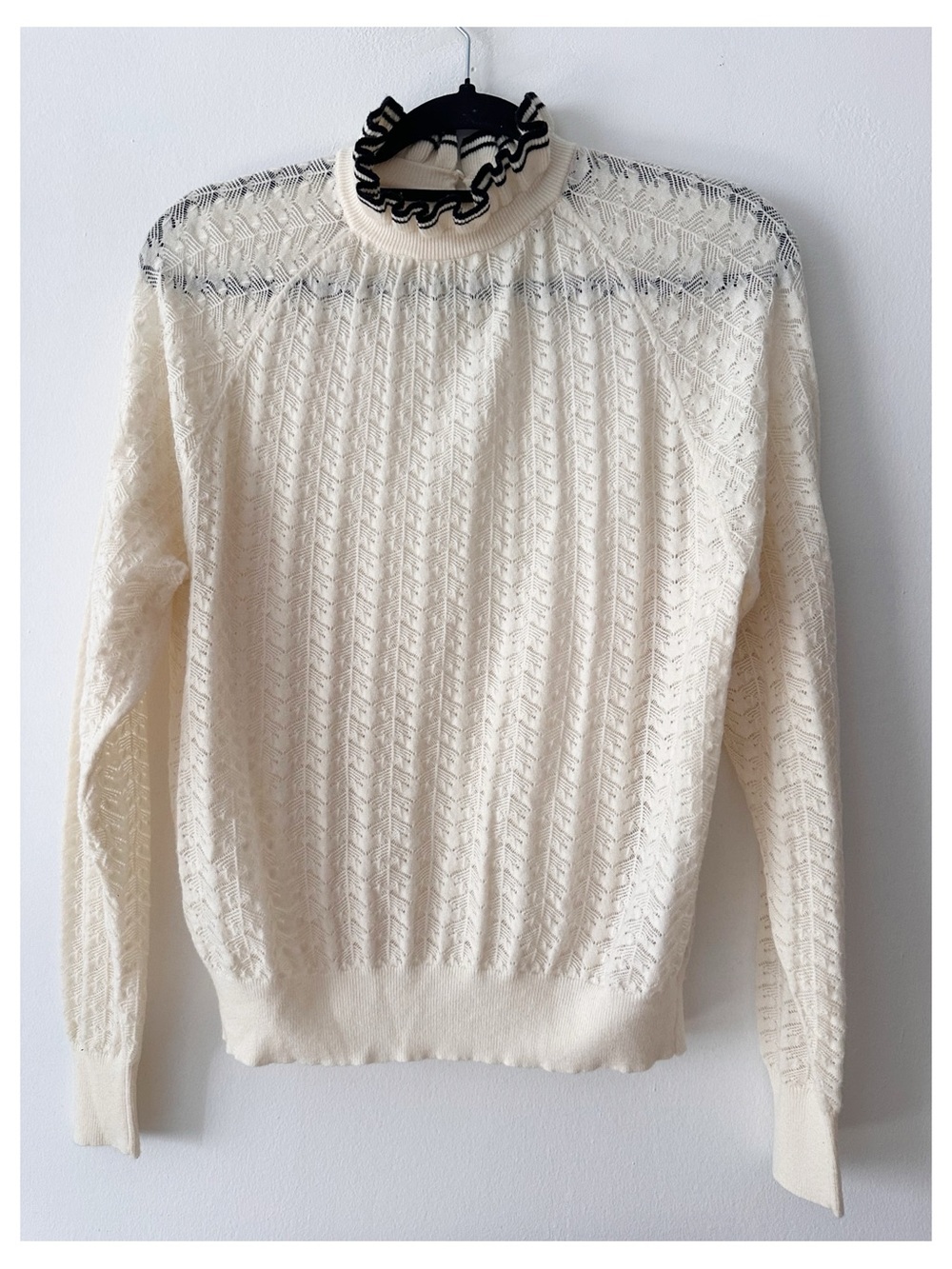 MAJE Pointelle Knit Ruffle Collar Sweater cream/ black piping collar size 1/S